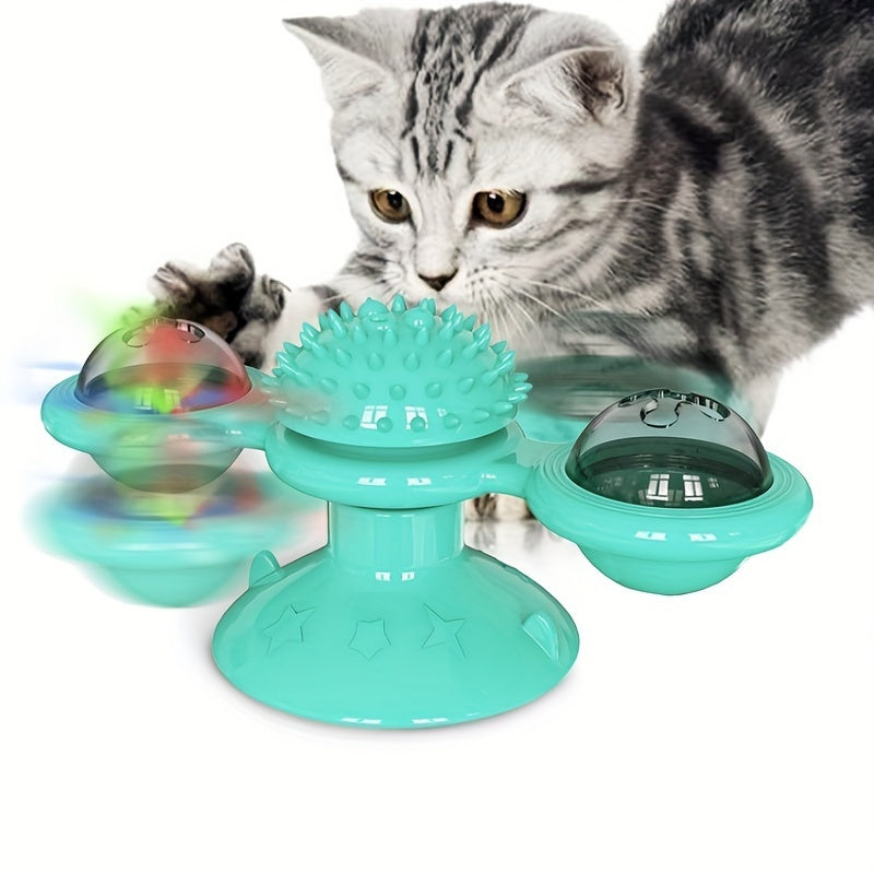 Interactive Windmill Cat Toy – Rotating Spinner with Suction Cup, Catnip & Teeth-Cleaning Ball