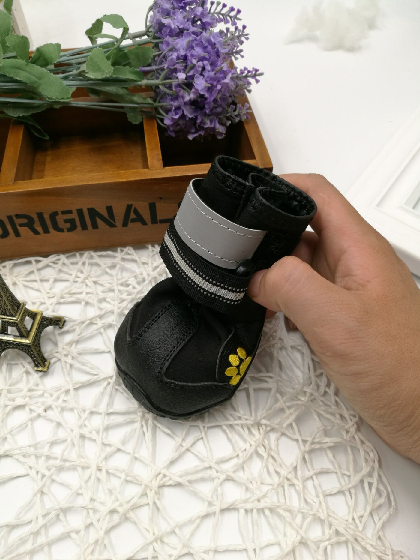 Side view of adjustable waterproof dog shoes with anti-skid sole