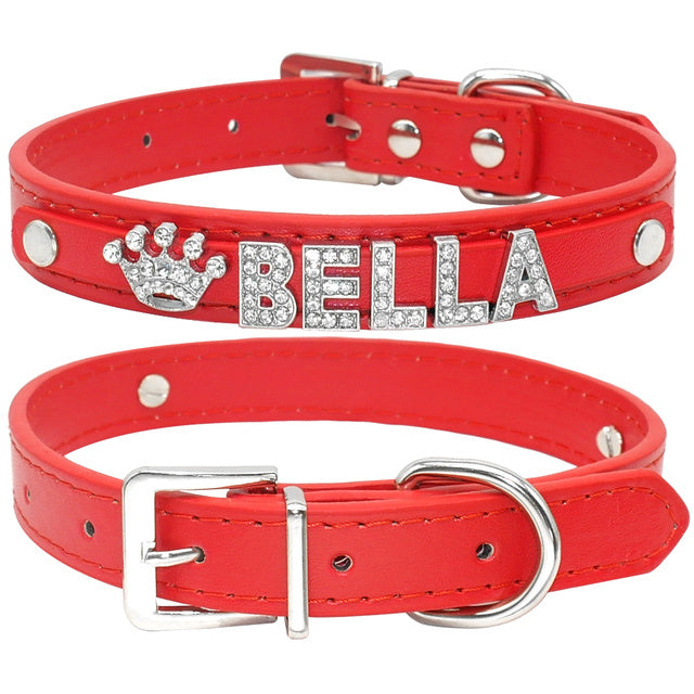 Personalized Rhinestone Cat & Small Dog Collar – Custom PU Leather with Name & Charm