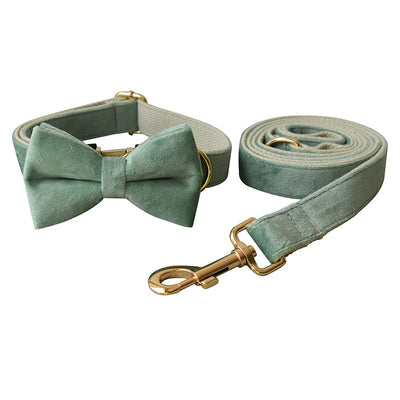 Mint Green Velvet Dog Collar & Leash Set – Adjustable Collar with Optional Bow Tie