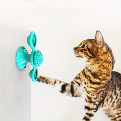 Interactive Windmill Cat Toy – Rotating Spinner with Suction Cup, Catnip & Teeth-Cleaning Ball