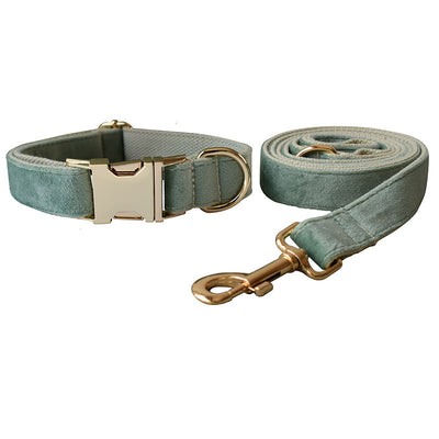 Mint Green Velvet Dog Collar & Leash Set – Adjustable Collar with Optional Bow Tie