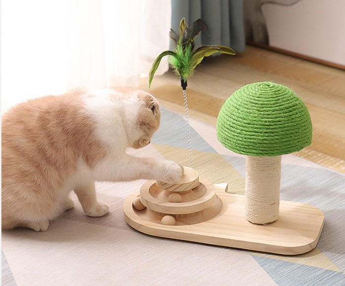 Interactive Wooden Cat Tree with Sisal Balls – Scratch Post & Rolling Ball Toy for Indoor Cats