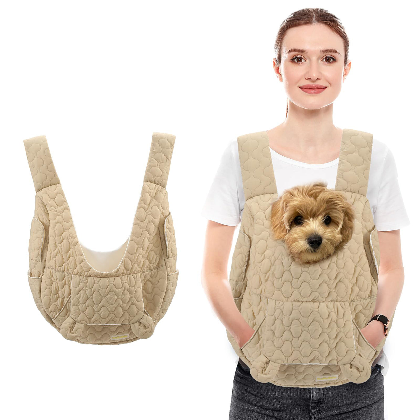 Pet carrier with a dog inside, shown on a person and a separate view.