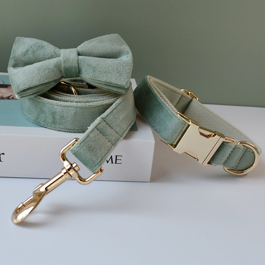 Mint Green Velvet Dog Collar & Leash Set – Adjustable Collar with Optional Bow Tie