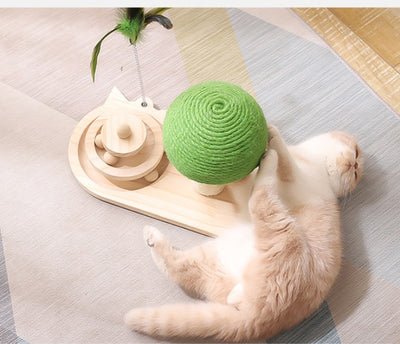 Interactive Wooden Cat Tree with Sisal Balls – Scratch Post & Rolling Ball Toy for Indoor Cats