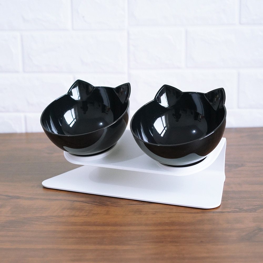 Cat Double Bowl – Elevated Cat Food & Water Bowl, Cervical Spine Protection, Anti - Skid, Transparent Cat Face Design - 0