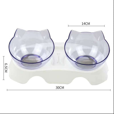 Cat Double Bowl – Elevated Cat Food & Water Bowl, Cervical Spine Protection, Anti - Skid, Transparent Cat Face Design - 0