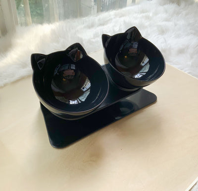 Cat Double Bowl – Elevated Cat Food & Water Bowl, Cervical Spine Protection, Anti - Skid, Transparent Cat Face Design - 0