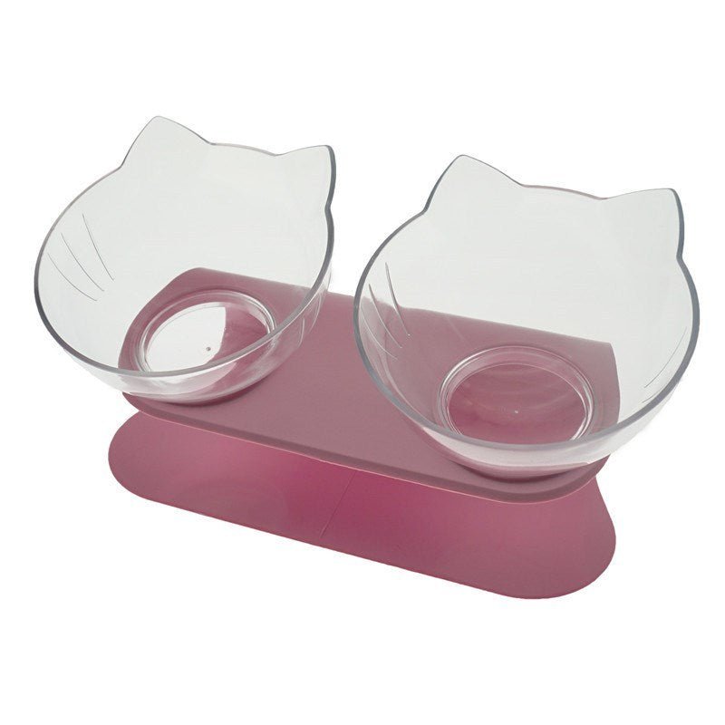 Cat Double Bowl – Elevated Cat Food & Water Bowl, Cervical Spine Protection, Anti - Skid, Transparent Cat Face Design - 0