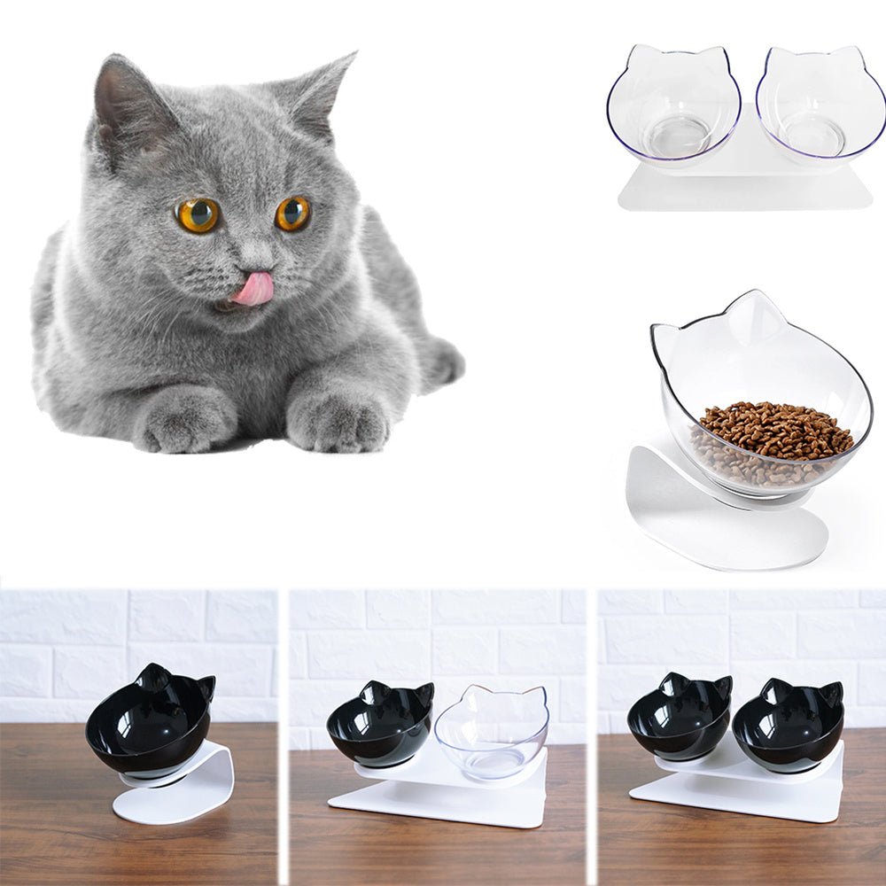 Cat Double Bowl – Elevated Cat Food & Water Bowl, Cervical Spine Protection, Anti - Skid, Transparent Cat Face Design - 0