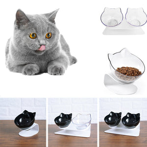 Cat Double Bowl – Elevated Cat Food & Water Bowl, Cervical Spine Protection, Anti - Skid, Transparent Cat Face Design - 0