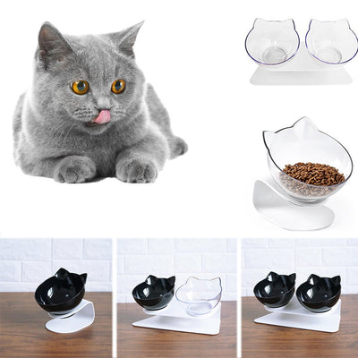Cat Double Bowl – Elevated Cat Food & Water Bowl, Cervical Spine Protection, Anti - Skid, Transparent Cat Face Design - 0