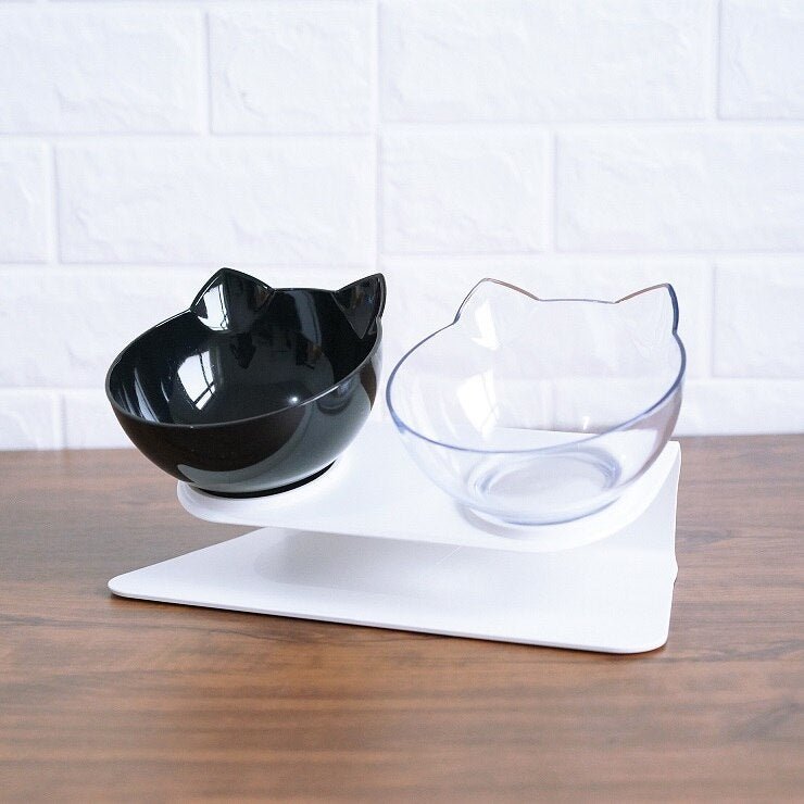 Cat Double Bowl – Elevated Cat Food & Water Bowl, Cervical Spine Protection, Anti - Skid, Transparent Cat Face Design - 0