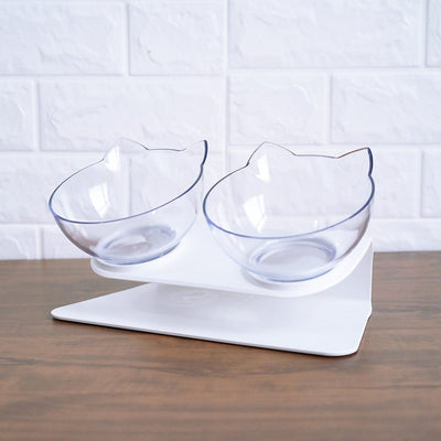 Cat Double Bowl – Elevated Cat Food & Water Bowl, Cervical Spine Protection, Anti - Skid, Transparent Cat Face Design - 0