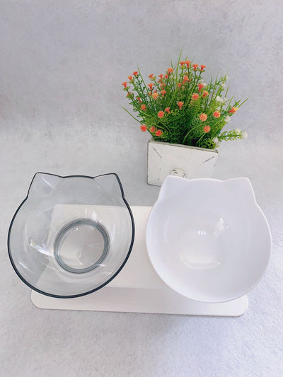Cat Double Bowl – Elevated Cat Food & Water Bowl, Cervical Spine Protection, Anti - Skid, Transparent Cat Face Design - 0