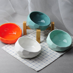 Ceramic Pet Bowl for Cats & Dogs – Oblique Mouth, Single or with Rack, Elegant & Durable - 0