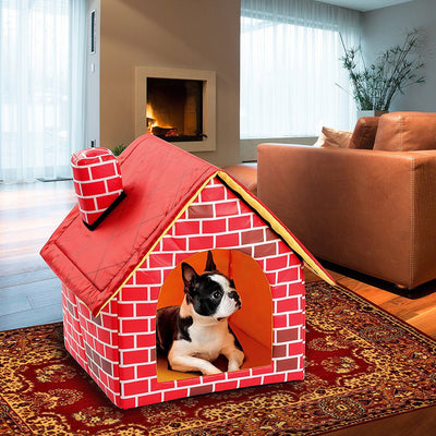 Chimney Cat House Bed – Soft Washable Villa - Style Pet Cabin with Reversible Cushion (Brick Color) - 0