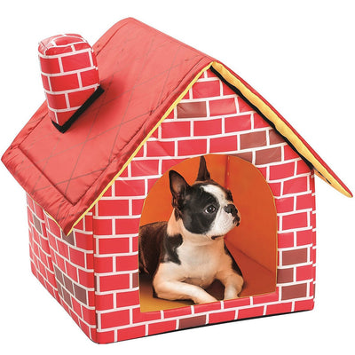 Chimney Cat House Bed – Soft Washable Villa - Style Pet Cabin with Reversible Cushion (Brick Color) - 0