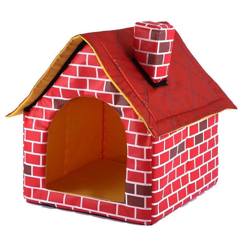Chimney Cat House Bed – Soft Washable Villa - Style Pet Cabin with Reversible Cushion (Brick Color) - 0