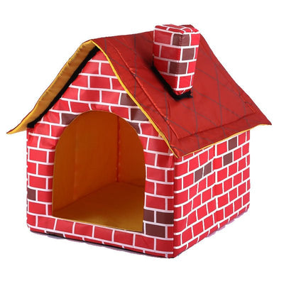 Chimney Cat House Bed – Soft Washable Villa - Style Pet Cabin with Reversible Cushion (Brick Color) - 0
