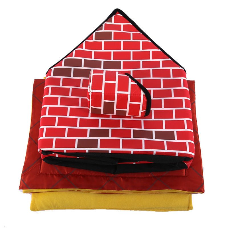 Chimney Cat House Bed – Soft Washable Villa - Style Pet Cabin with Reversible Cushion (Brick Color) - 0