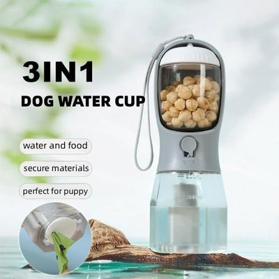 Dog Water Cup – 3 - in - 1 Portable Pet Bottle with Water, Food & Waste Bag Compartments - 0