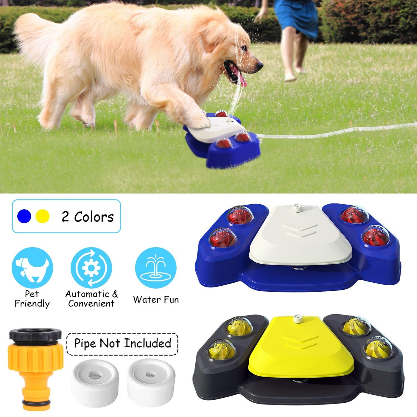 Dog Water Fountain – Step - On Automatic Pet Water Dispenser with Sprinkler, Drinking & Play Function, Blue & Yellow Options - 0