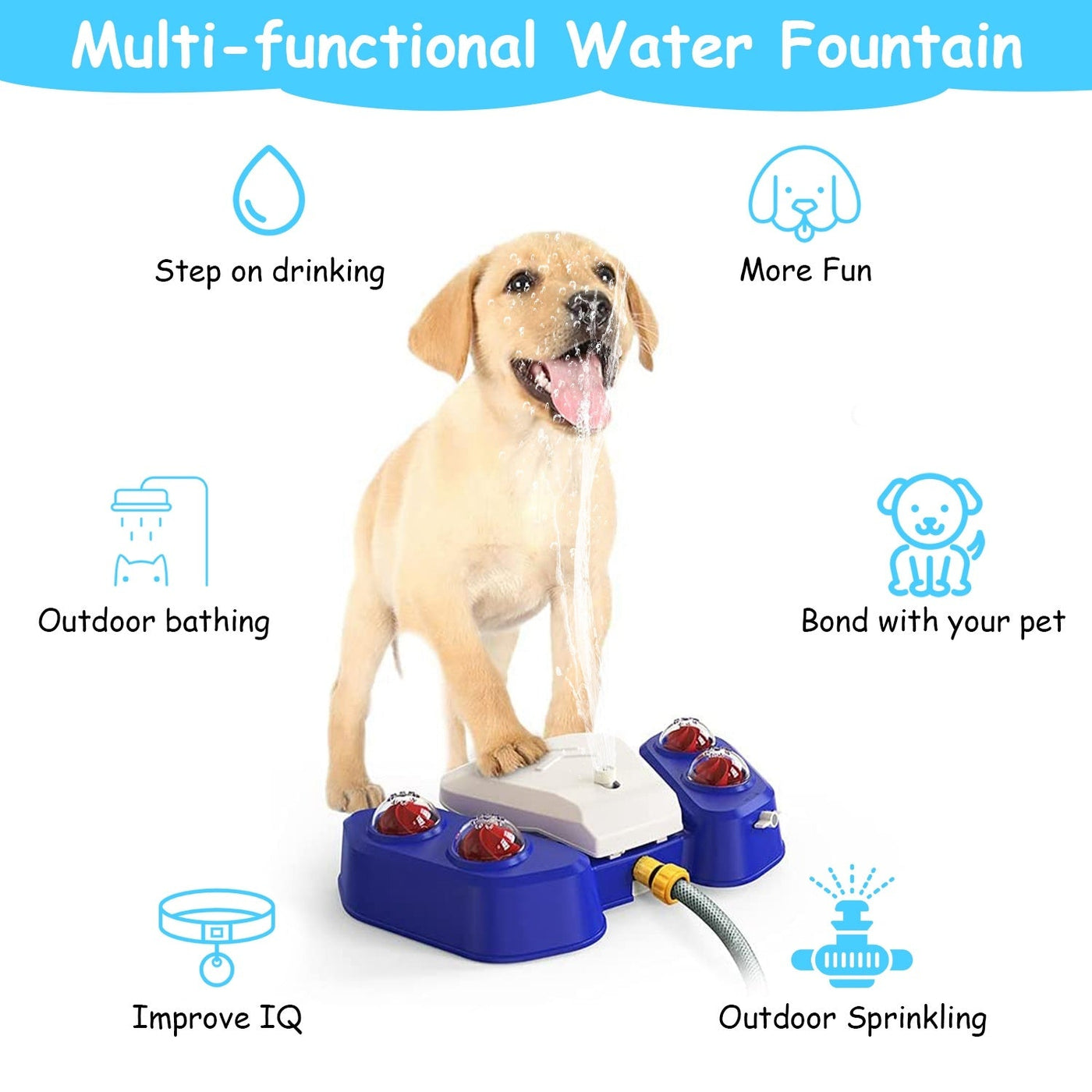 Dog Water Fountain – Step - On Automatic Pet Water Dispenser with Sprinkler, Drinking & Play Function, Blue & Yellow Options - 0