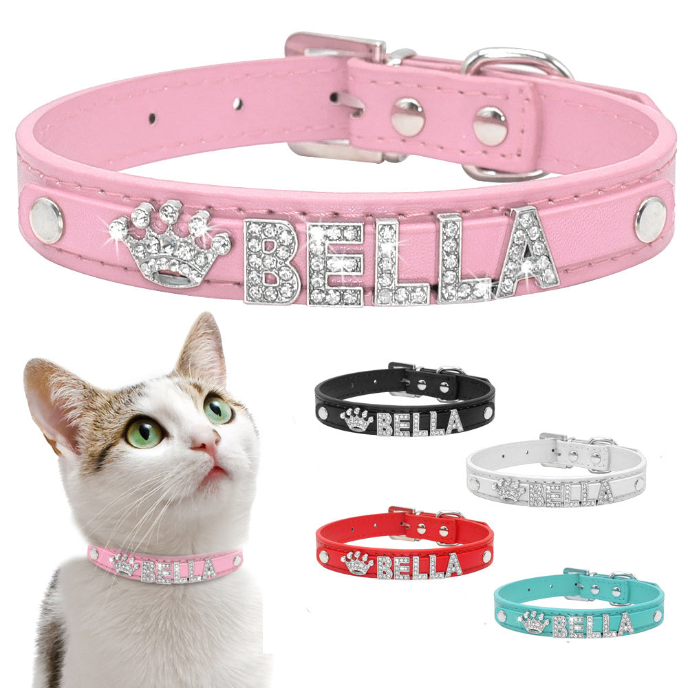 Personalized Rhinestone Cat & Small Dog Collar – Custom PU Leather with Name & Charm