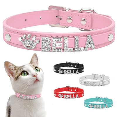 Personalized Rhinestone Cat & Small Dog Collar – Custom PU Leather with Name & Charm
