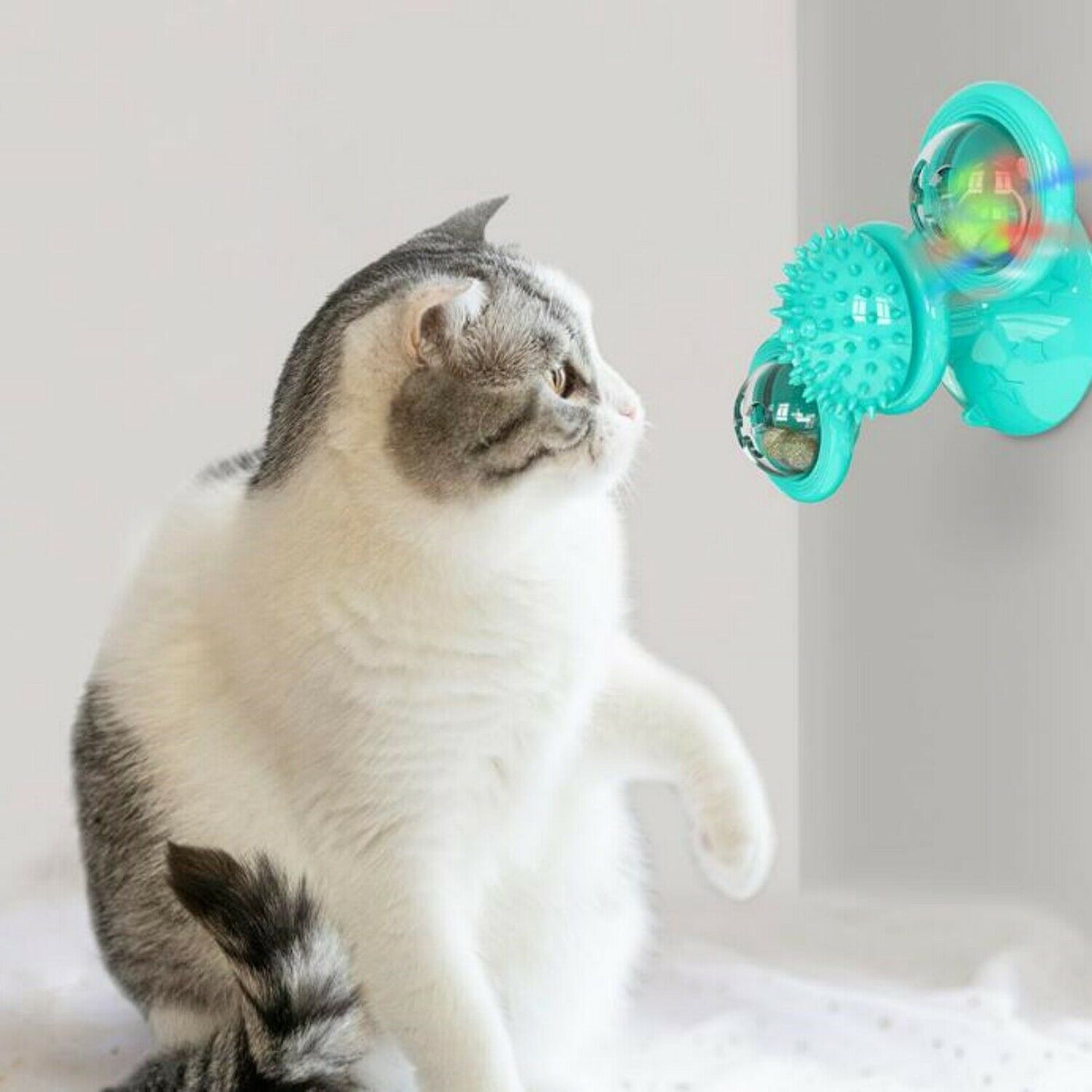 Interactive Windmill Cat Toy – Rotating Spinner with Suction Cup, Catnip & Teeth-Cleaning Ball