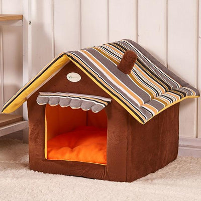 Foldable 2 - in - 1 Striped Pet House and Bed – Removable Cushion, Travel - Friendly Design - 0