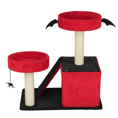Gothic Halloween Cat Tree – Red & Black Tower with Bat Wings, Condo & Spider Toy - 0