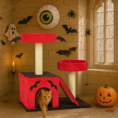 Gothic Halloween Cat Tree – Red & Black Tower with Bat Wings, Condo & Spider Toy - 0