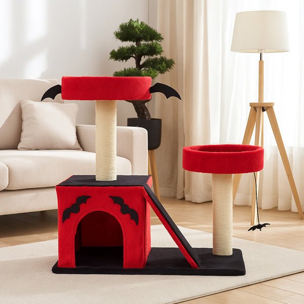 Gothic Halloween Cat Tree – Red & Black Tower with Bat Wings, Condo & Spider Toy - 0