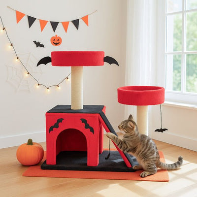 Gothic Halloween Cat Tree – Red & Black Tower with Bat Wings, Condo & Spider Toy - 0