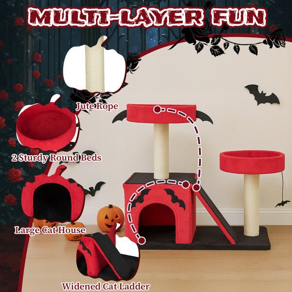 Gothic Halloween Cat Tree – Red & Black Tower with Bat Wings, Condo & Spider Toy - 0