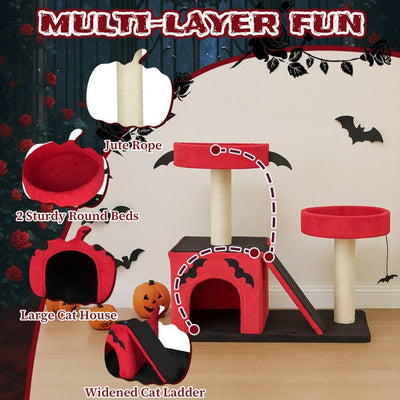 Gothic Halloween Cat Tree – Red & Black Tower with Bat Wings, Condo & Spider Toy - 0