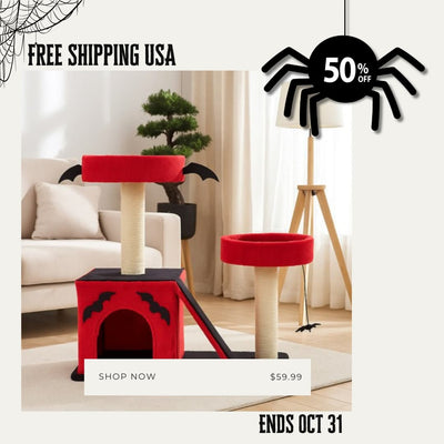 Gothic Halloween Cat Tree – Red & Black Tower with Bat Wings, Condo & Spider Toy - 0