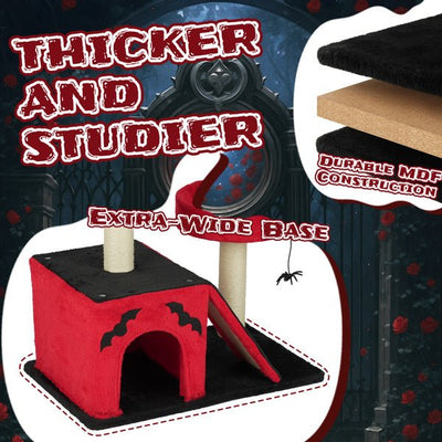 Gothic Halloween Cat Tree – Red & Black Tower with Bat Wings, Condo & Spider Toy - 0