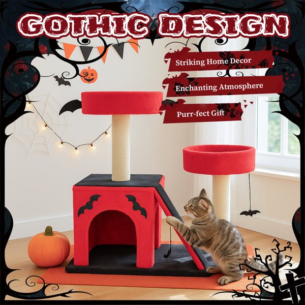 Gothic Halloween Cat Tree – Red & Black Tower with Bat Wings, Condo & Spider Toy - 0