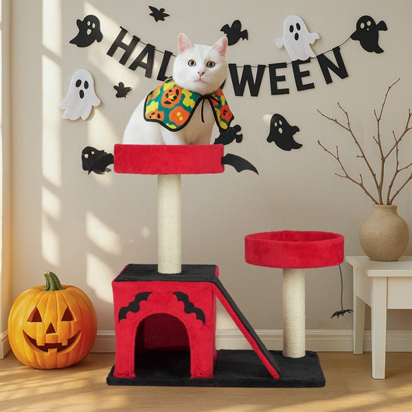 Gothic Halloween Cat Tree – Red & Black Tower with Bat Wings, Condo & Spider Toy - 0