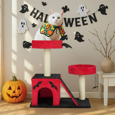 Gothic Halloween Cat Tree – Red & Black Tower with Bat Wings, Condo & Spider Toy - 0