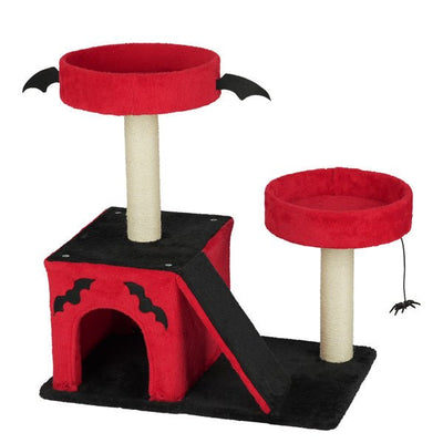 Gothic Halloween Cat Tree – Red & Black Tower with Bat Wings, Condo & Spider Toy - 0