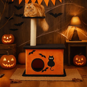 Halloween Cat Tree – Indoor Cat Tower with Condo, Platforms & Sisal Scratching Post, Orange & Black - 0
