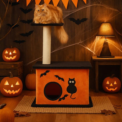 Halloween Cat Tree – Indoor Cat Tower with Condo, Platforms & Sisal Scratching Post, Orange & Black - 0
