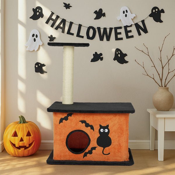 Halloween Cat Tree – Indoor Cat Tower with Condo, Platforms & Sisal Scratching Post, Orange & Black - 0