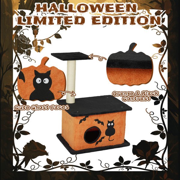 Halloween Cat Tree – Indoor Cat Tower with Condo, Platforms & Sisal Scratching Post, Orange & Black - 0