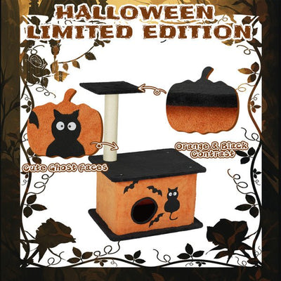 Halloween Cat Tree – Indoor Cat Tower with Condo, Platforms & Sisal Scratching Post, Orange & Black - 0